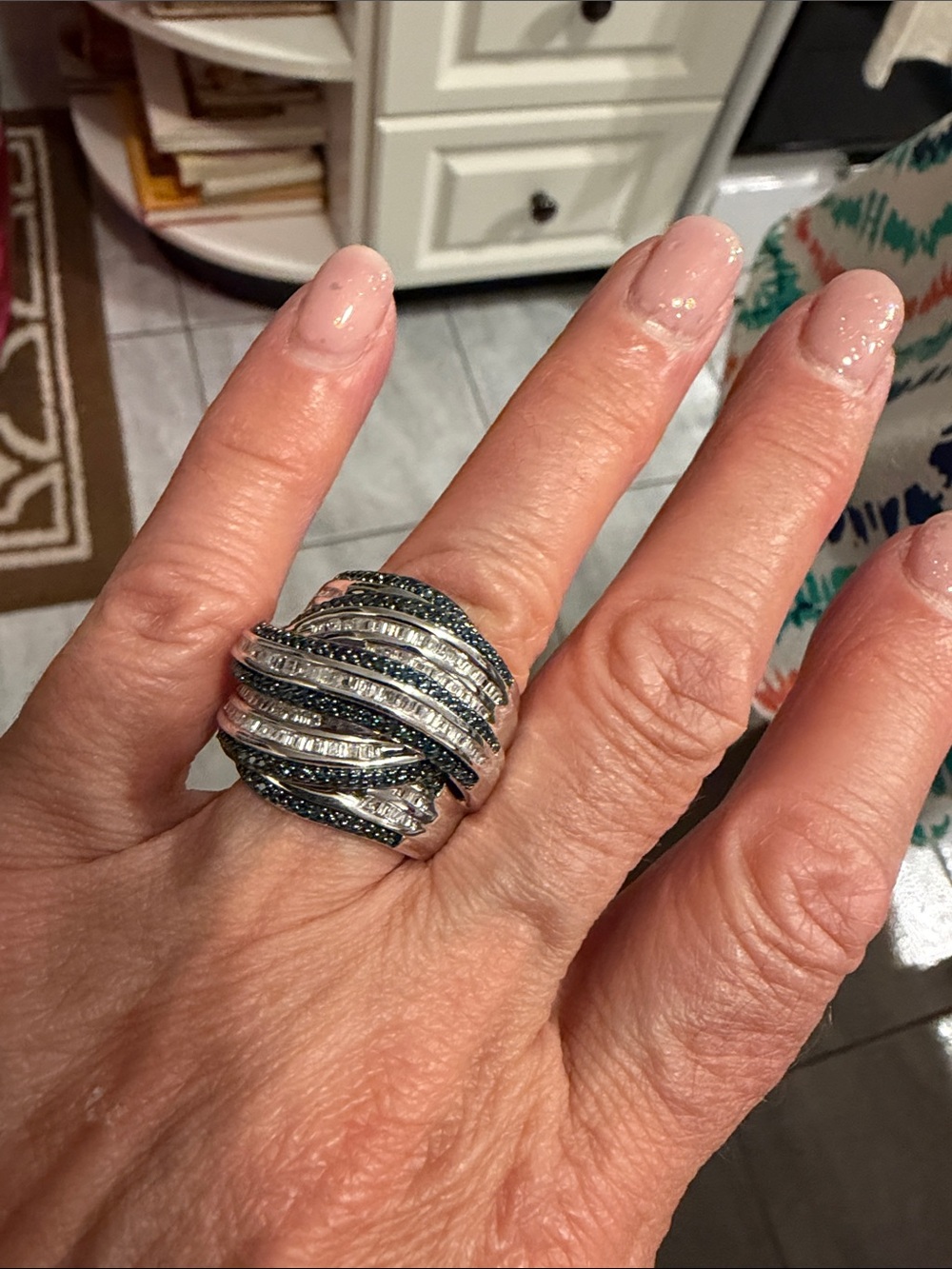 New natural mined blue& white diamond sterling silver Multi-Row Ring 8 high-end
